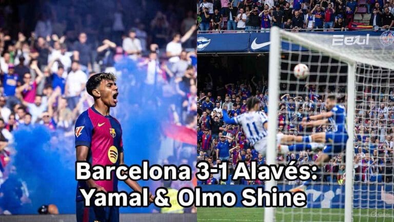 Barcelona 3-1 Alavés La Liga comeback: Lamine Yamal celebrating equalizer amid blue flares, Dani Olmo mid-volley for winner, roaring Camp Nou crowd Nov 29 2025