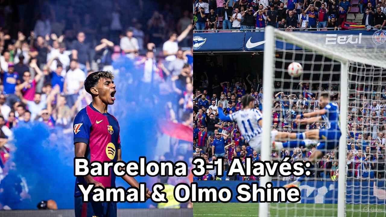 Barcelona 3-1 Alavés La Liga comeback: Lamine Yamal celebrating equalizer amid blue flares, Dani Olmo mid-volley for winner, roaring Camp Nou crowd Nov 29 2025