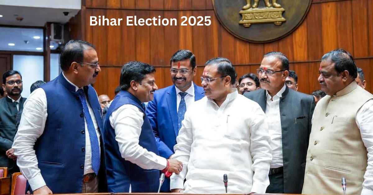 NDA leaders celebrate Bihar Assembly Elections 2025 landslide win in assembly hall, coalition government UPSC insights on politics