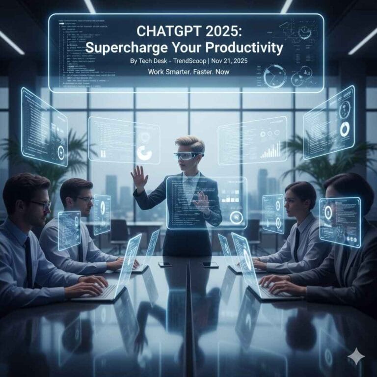 A group of diverse tech professionals in a modern office interacting with holographic displays generated by AI, centered around a main screen displaying "CHATGPT 2025: Supercharge Your Productivity."