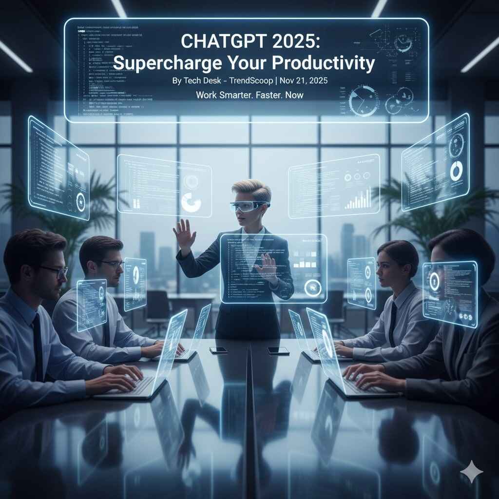 A group of diverse tech professionals in a modern office interacting with holographic displays generated by AI, centered around a main screen displaying "CHATGPT 2025: Supercharge Your Productivity."