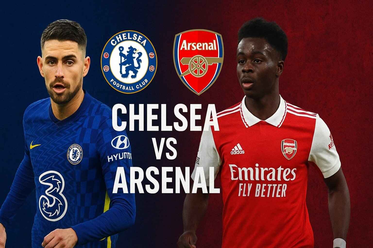 Chelsea's Jorginho and Arsenal's Bukayo Saka featured in a dynamic graphic previewing the crucial Premier League London Derby match.