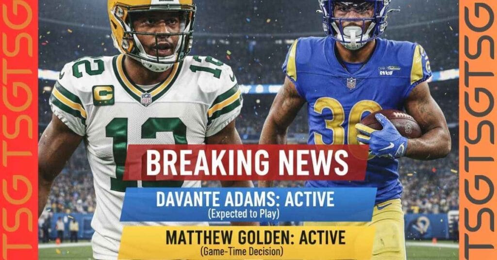 Close-up of Davante Adams and Matthew Golden in action, with a BREAKING NEWS graphic indicating key players are ruled out for Week 11 fantasy football.