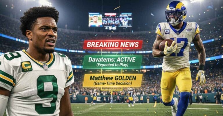Davante Adams and Matthew Golden looking concerned on an NFL field, overlaid with a graphic stating "Week 11 Inactives & Injury Status."