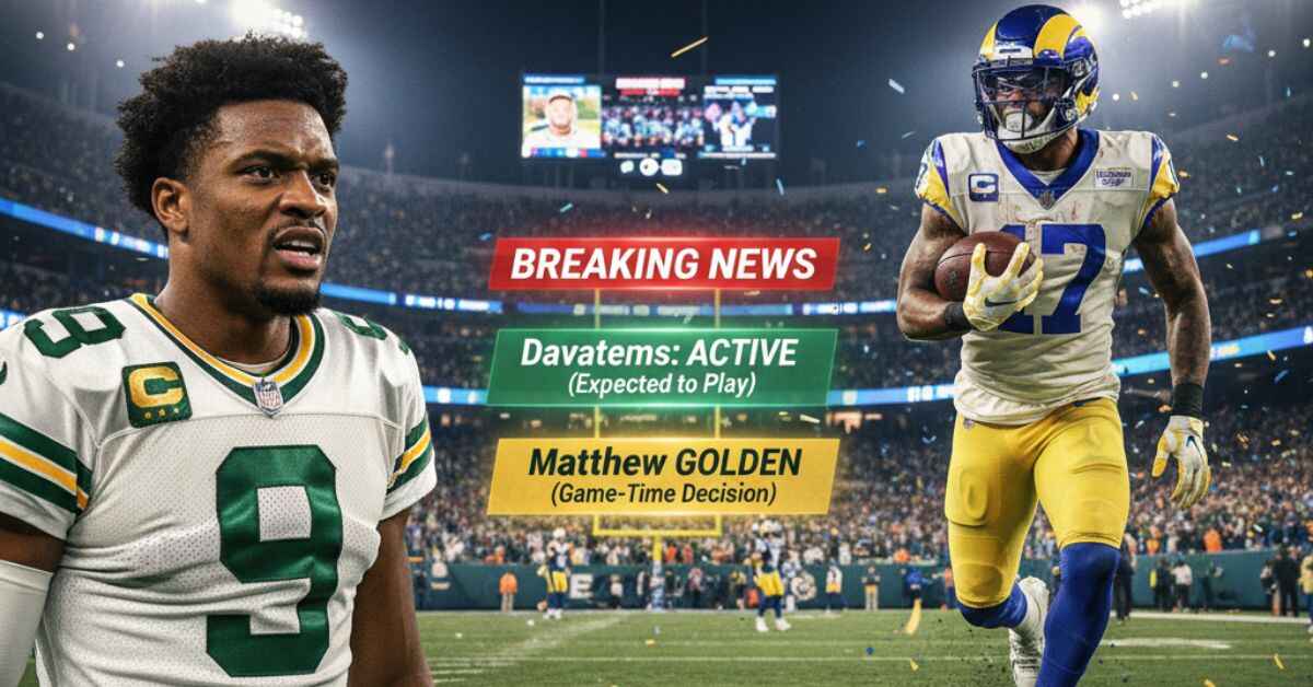Davante Adams and Matthew Golden looking concerned on an NFL field, overlaid with a graphic stating "Week 11 Inactives & Injury Status."