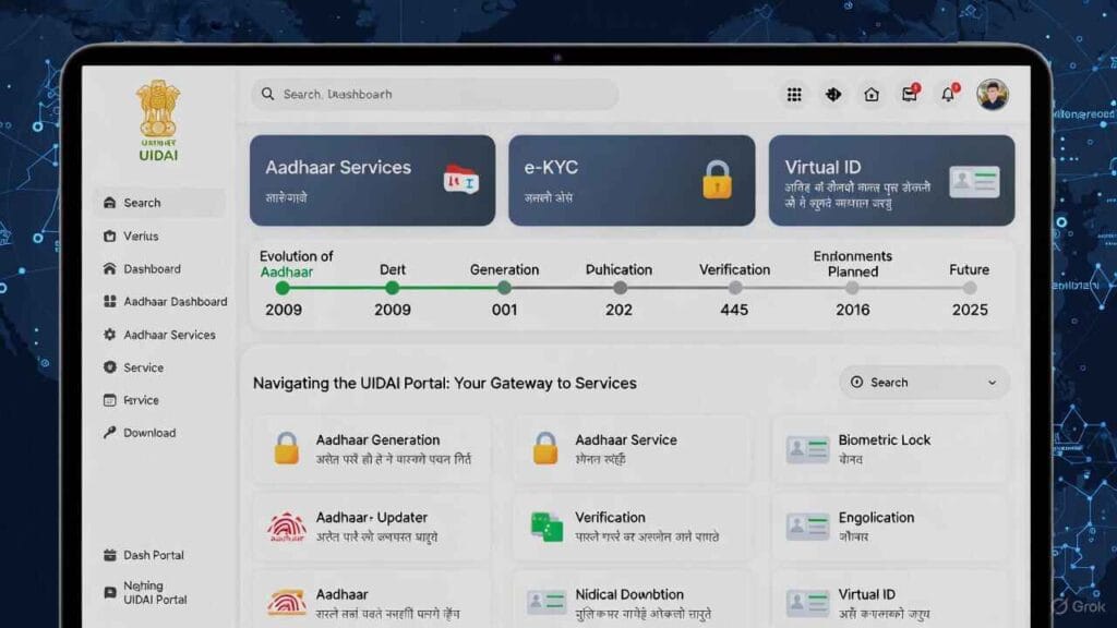 Enhanced screenshot of the UIDAI portal dashboard on a laptop screen, featuring a clean, multilingual interface (English and Hindi) for Aadhaar services including download, updates, e-KYC, biometric lock, and Virtual ID generation; includes an interactive timeline chart illustrating Aadhaar's evolution from 2009 launch to 2025 future developments, with icons for secure authentication, enrollment, and verification processes.