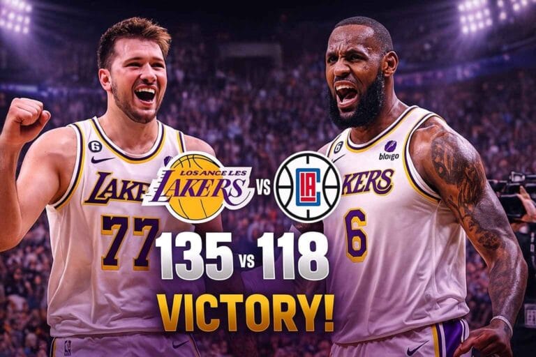 Lakers celebrate 135-118 victory over Clippers featuring LeBron James and Luka Dončić in high-energy courtside moment