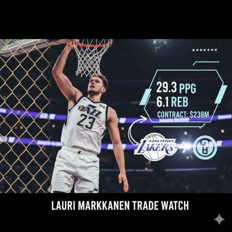 Utah Jazz forward Lauri Markkanen dunks the ball, next to a graphic showing his 29.3 PPG stats, $238M contract, and the Lakers logo representing trade rumors.