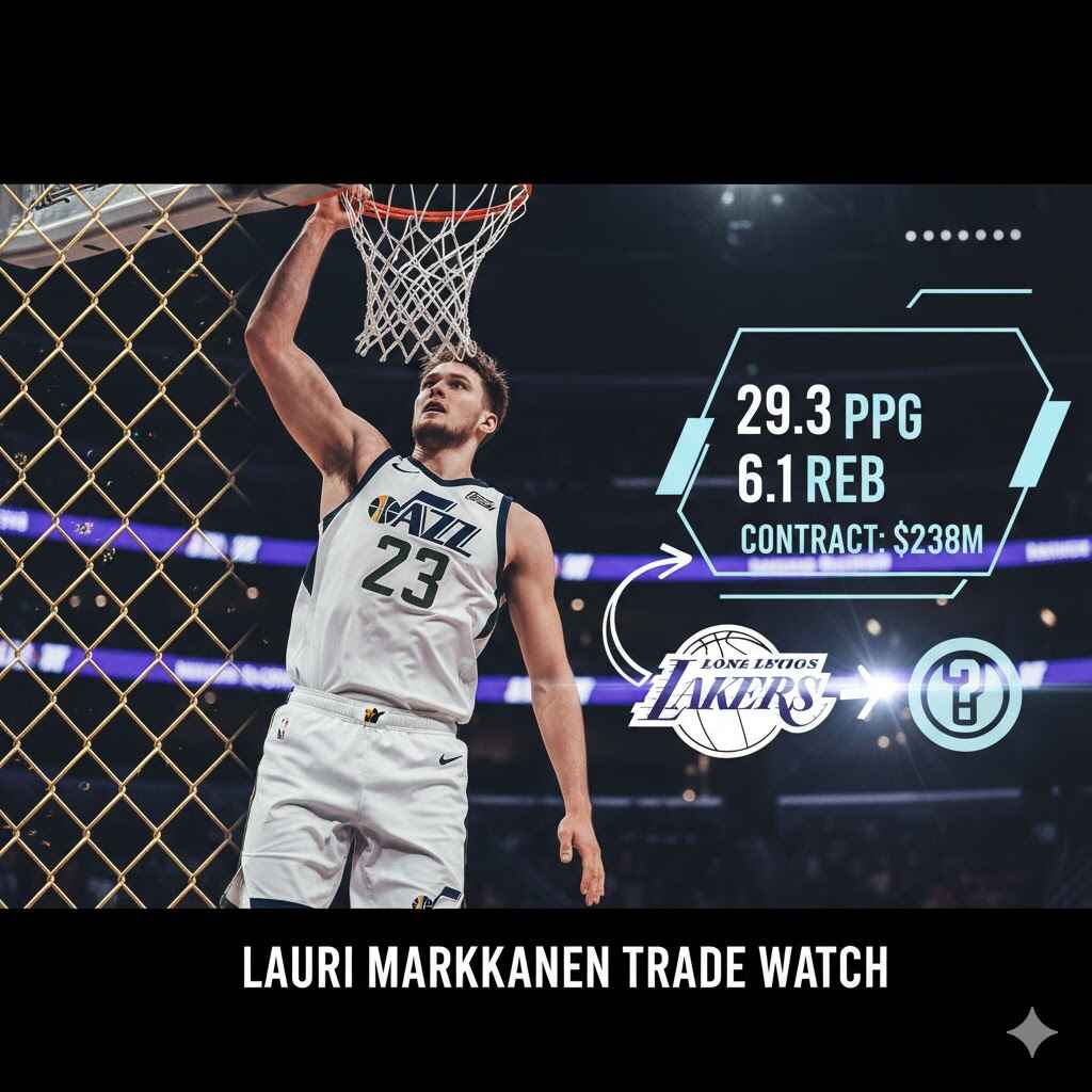 Utah Jazz forward Lauri Markkanen dunks the ball, next to a graphic showing his 29.3 PPG stats, $238M contract, and the Lakers logo representing trade rumors.