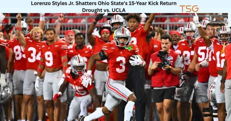 Ohio State defensive back Lorenzo Styles Jr. sprinting 100 yards for a touchdown on a kickoff return against UCLA, ending 15-year drought, November 16, 2025