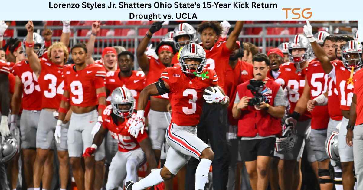 Ohio State defensive back Lorenzo Styles Jr. sprinting 100 yards for a touchdown on a kickoff return against UCLA, ending 15-year drought, November 16, 2025
