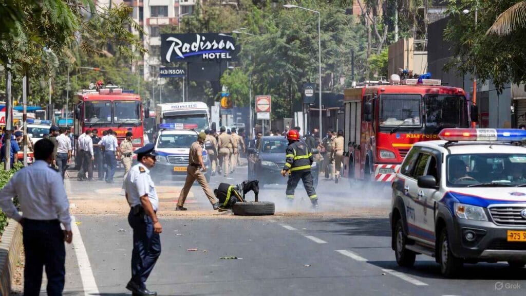 Delhi Police and fire tenders swarm the area near Radisson Hotel in Mahipalpur after a DTC bus tyre burst sparked false blast fears on November 13, 2025. No injuries reported.