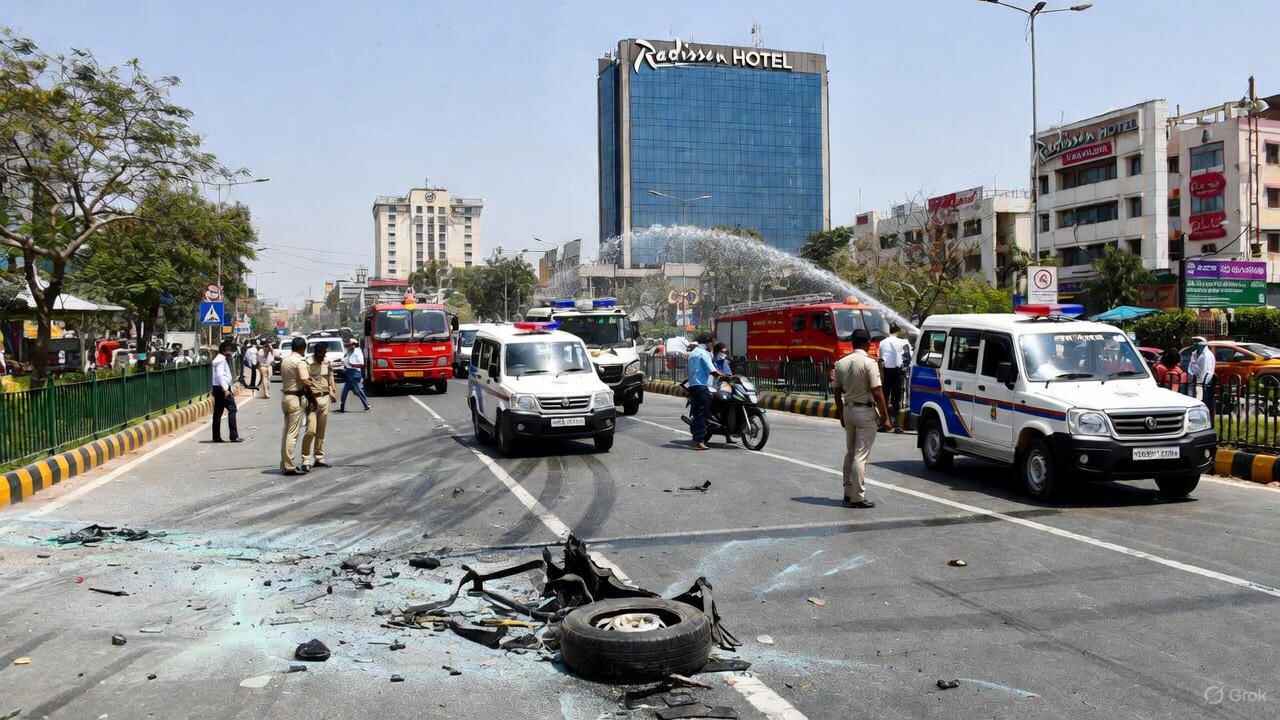 Emergency response to a loud tyre burst near Radisson Hotel in Delhi's Mahipalpur area, with police and fire trucks on scene amid post-Red Fort blast tensions.
