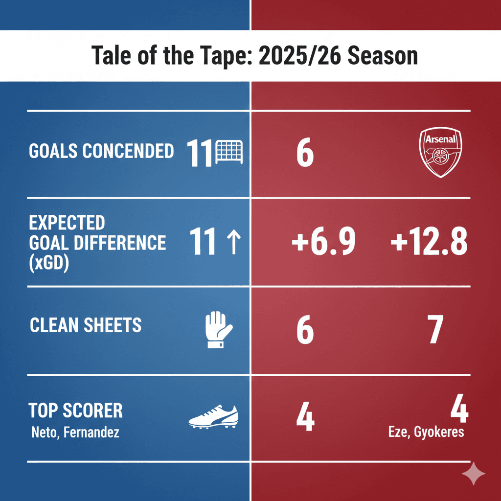 Infographic comparing Chelsea and Arsenal Premier League statistics for the 2025/26 season, including Goals Conceded, Expected Goals Difference, and Clean Sheets.
Chelsea vs Arsenal