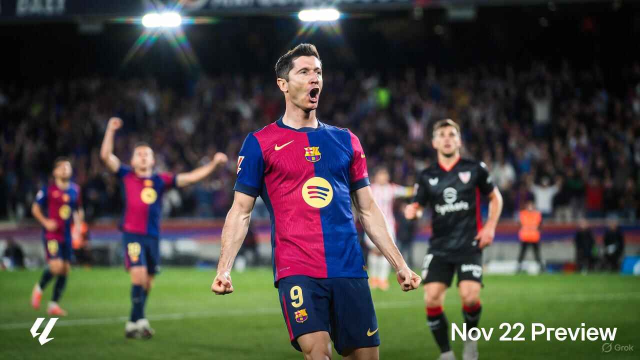 Robert Lewandowski celebrates a goal for FC Barcelona vs Athletic Bilbao in La Liga preview at Spotify Camp Nou, November 22, 2025 – vibrant match action with crowd energy.