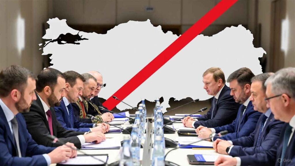 Russian and Ukrainian diplomats in suits seated tensely at a conference table during stalled peace talks, overlaid with a large red X crossing out a map of Turkey to symbolize Moscow's rejection of the Ankara summit.
Russia Skips Turkey