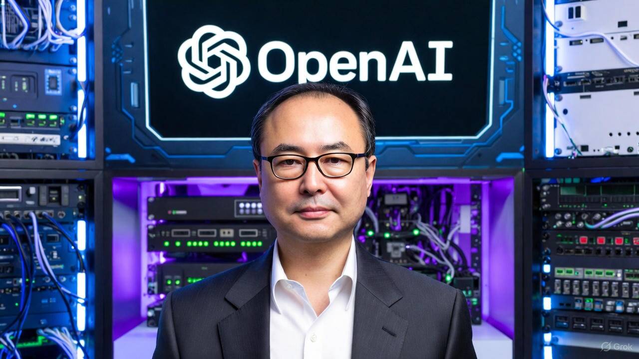 Masayoshi Son, SoftBank CEO, in suit before glowing OpenAI logo and neon AI server racks, symbolizing SoftBank AI revolution and Vision Fund investments.