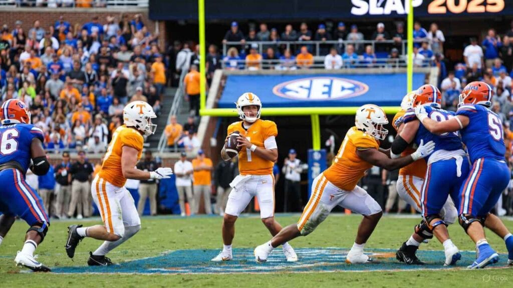 Tennessee Volunteers QB drops back under Florida Gators rush in intense 2025 SEC football clash at The Swamp, highlighting key player matchups and prediction edges.(Tennessee vs Florida)