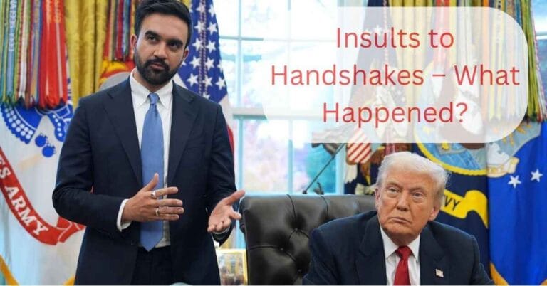 President Donald Trump and Mayor-elect Zohran Mamdani shaking hands in the White House Oval Office on November 21, 2025, symbolizing an unlikely political alliance.