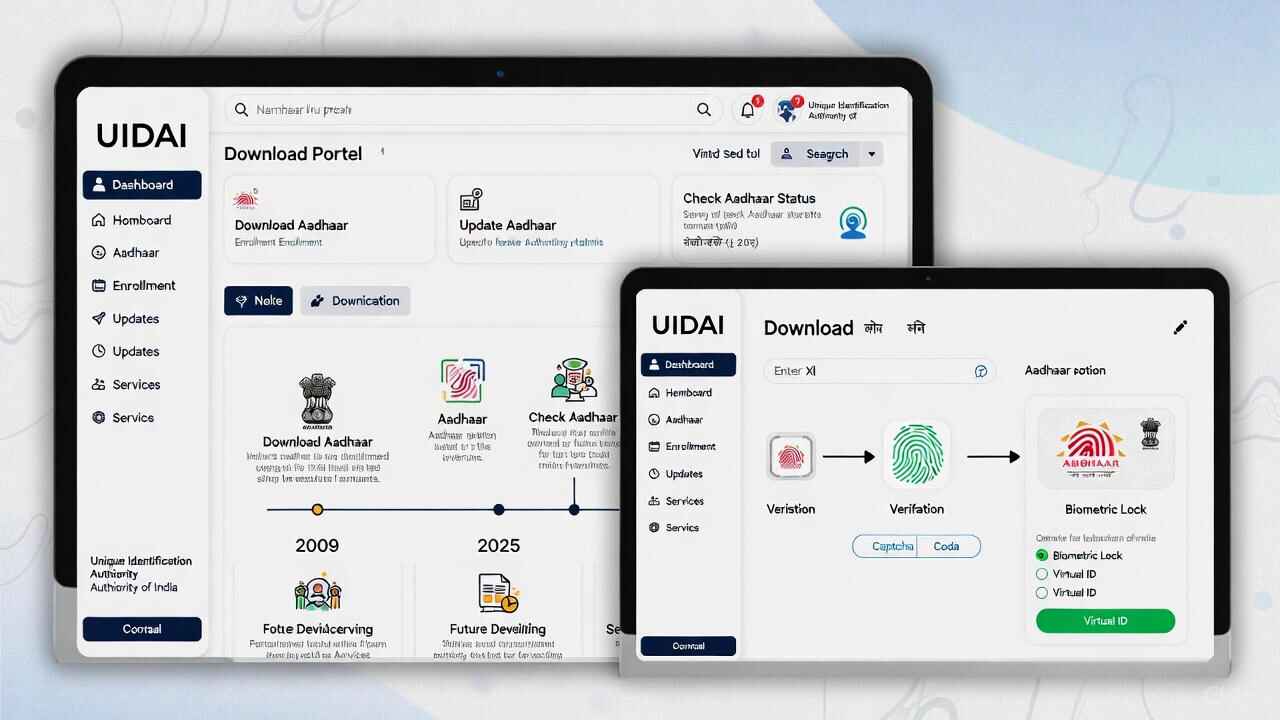 UIDAI portal dashboard screenshot illustrating Aadhaar card download process, biometric lock, Virtual ID security, and timeline of Aadhaar evolution from 2009 to 2025 for easy online services.