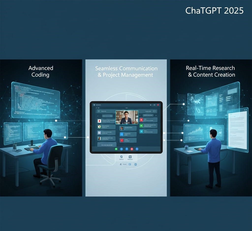 Infographic displaying three core functions of ChatGPT 2025: Advanced Coding with a programmer, Seamless Communication & Project Management on a tablet interface, and Real-Time Research & Content Creation with a data analyst.