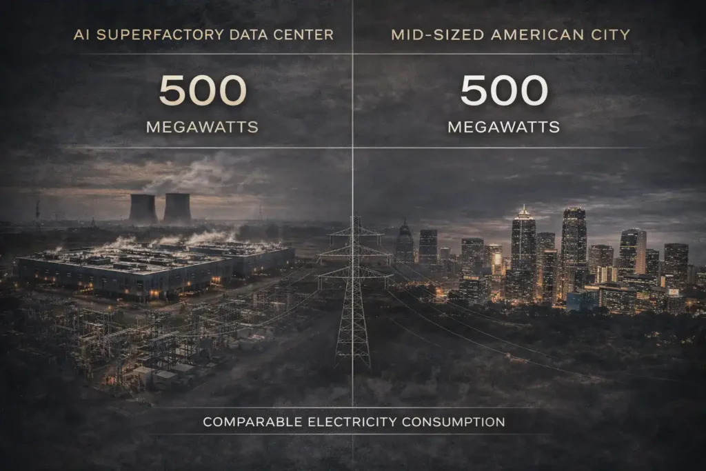Comparison of a 500-megawatt AI superfactory and a mid-sized U.S. city illustrating the energy constraints of the Great AI Infrastructure.