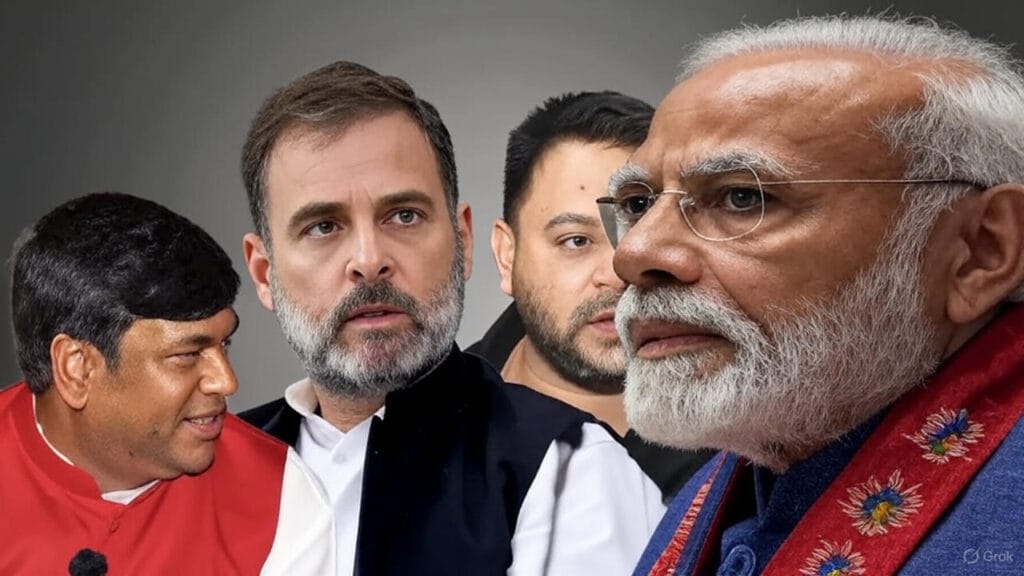 Collage of key Indian political leaders for Bihar Assembly Elections 2025: Rahul Gandhi, Lalu Prasad Yadav, Nitish Kumar, Tejashwi Yadav, and PM Narendra Modi in formal attire against gray background, highlighting NDA vs. opposition dynamics.