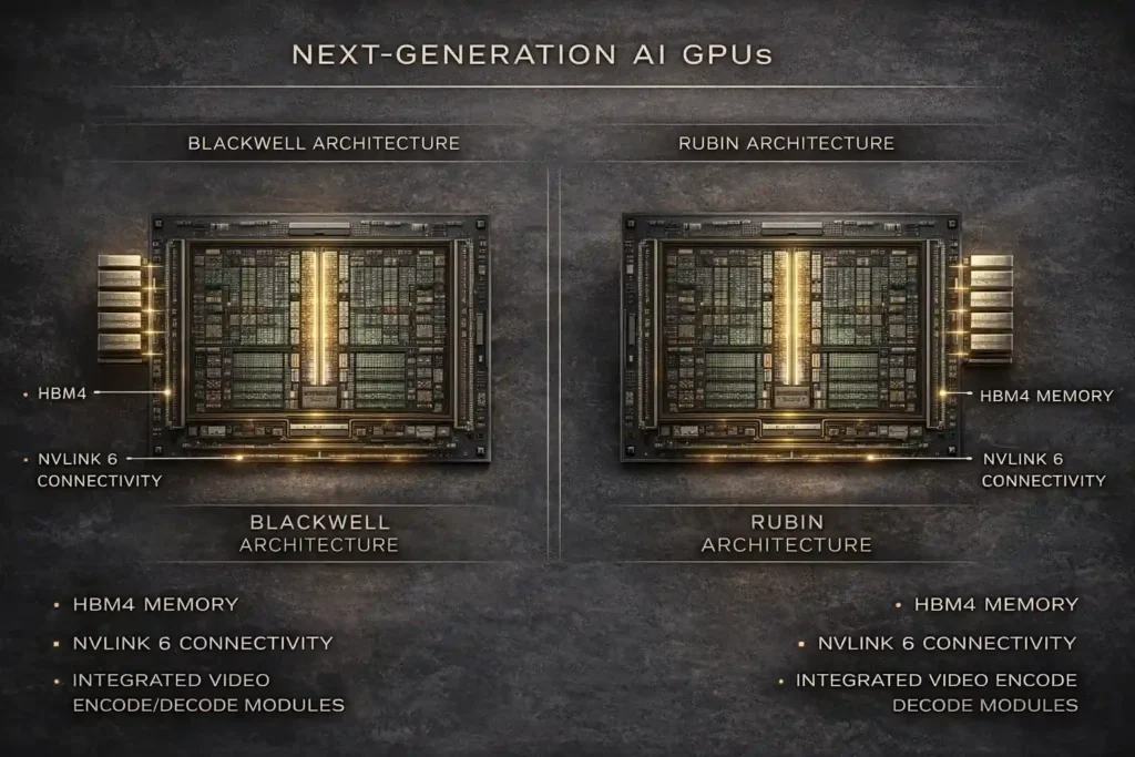 Side-by-side comparison of Blackwell and Rubin GPU architectures showing HBM4 memory, NVLink 6 interconnect, and inference performance improvements.