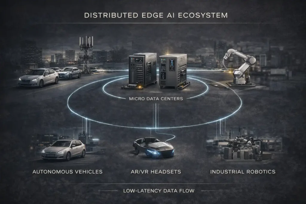 Infographic illustrating distributed Edge AI infrastructure connecting micro data centers with autonomous vehicles, AR/VR headsets, and industrial robotics for low-latency applications in 2026.