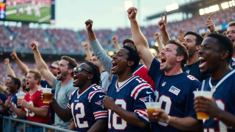 Excited diverse group of fantasy football fans in NFL jerseys celebrating a touchdown victory in a vibrant packed stadium under stadium lights, evoking playoff triumph for Week 12 2025 rankings.