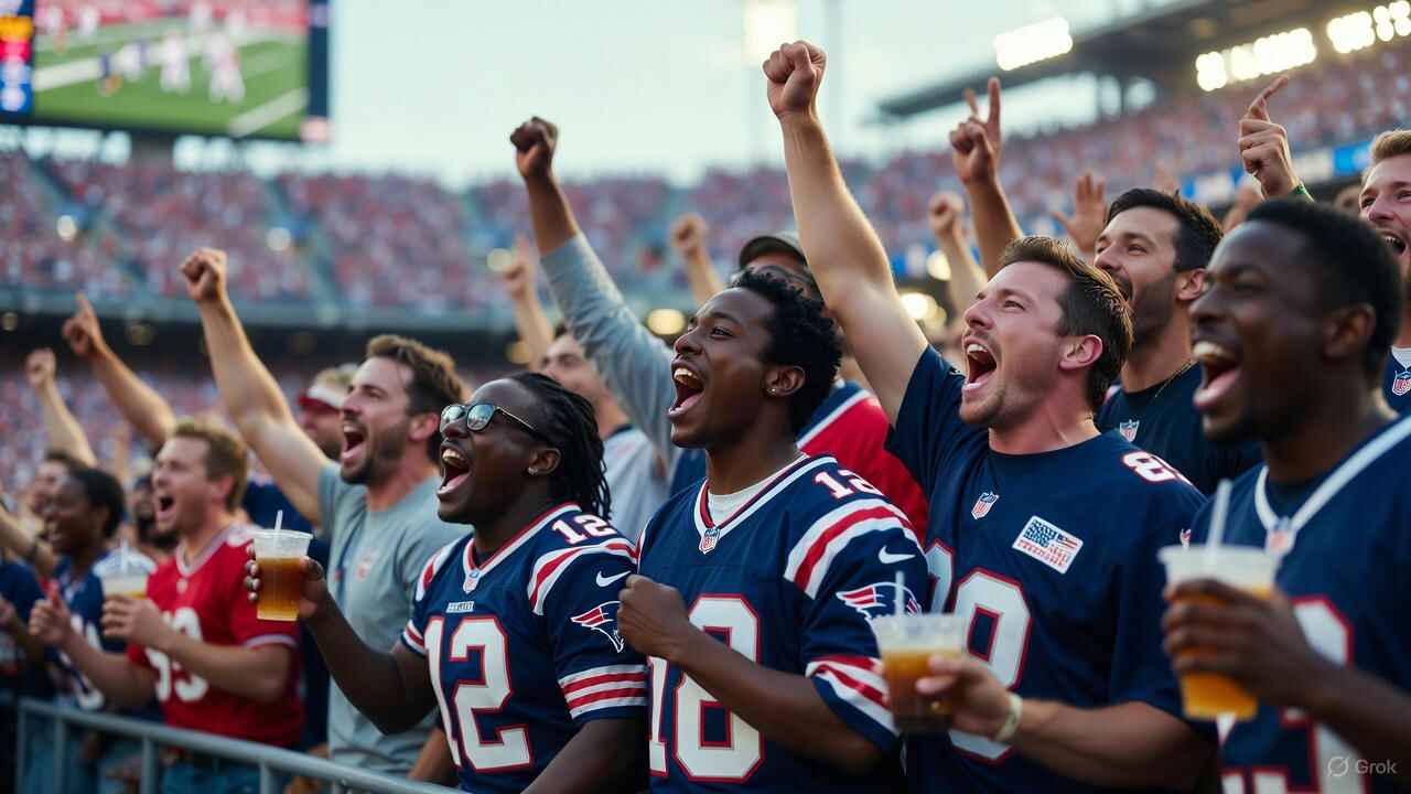 Excited diverse group of fantasy football fans in NFL jerseys celebrating a touchdown victory in a vibrant packed stadium under stadium lights, evoking playoff triumph for Week 12 2025 rankings.