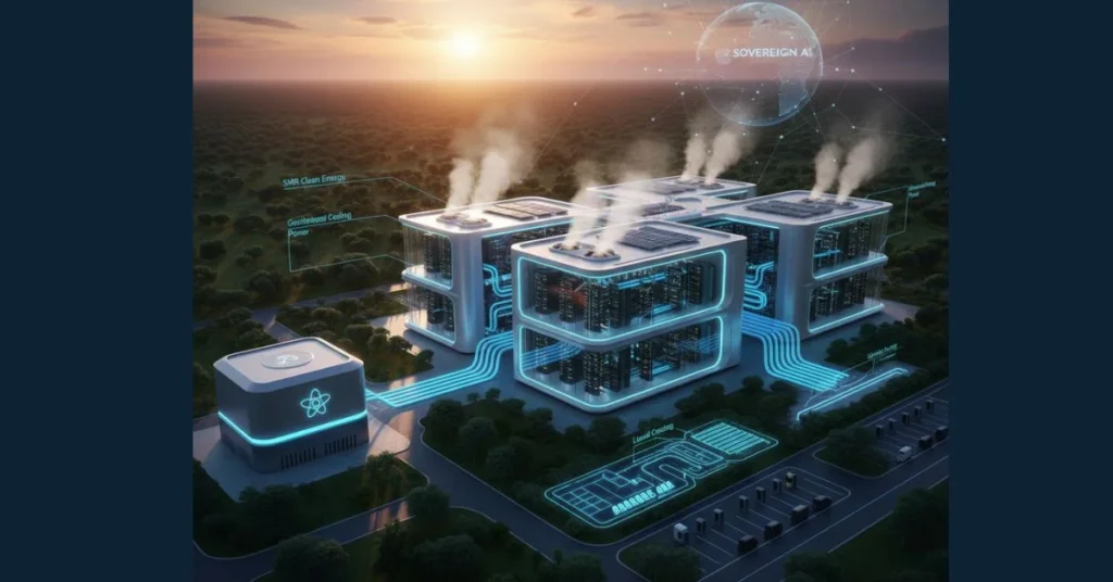 Next-generation SMR nuclear reactor powering a high-density AI data center campus in 2026.