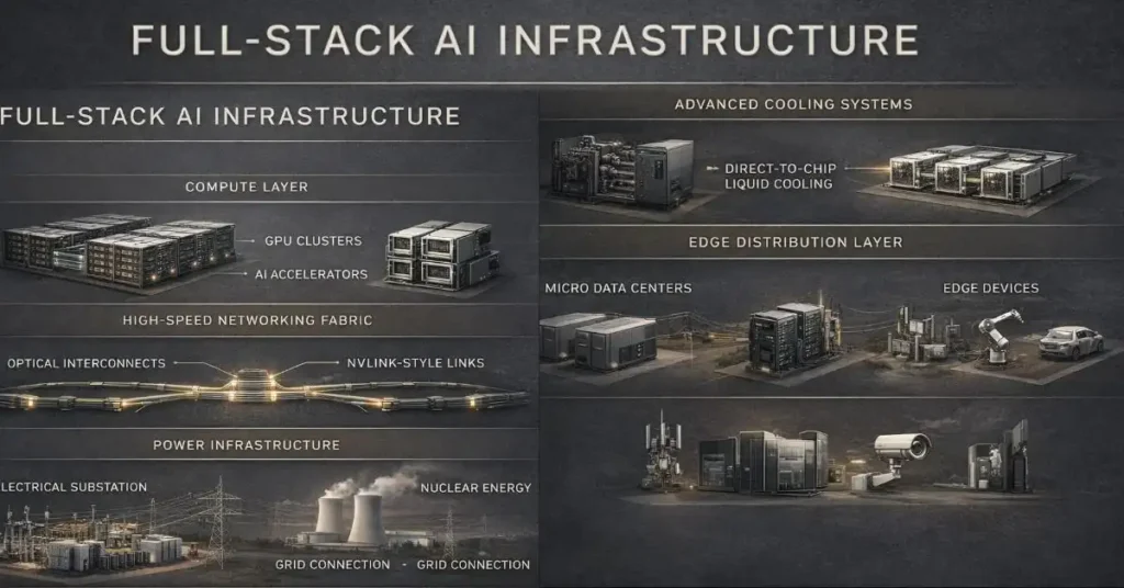 Layered diagram showing compute, networking, power, cooling, and edge layers of the Great AI Infrastructure in 2026.