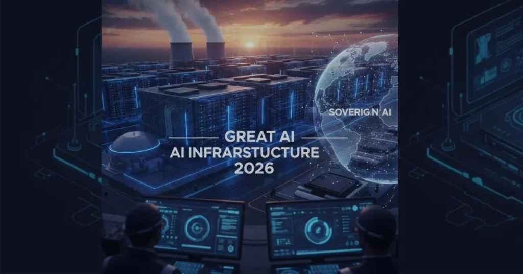 Massive AI data center infrastructure with cooling towers and sovereign AI global monitoring console.Great AI Infrastructure 