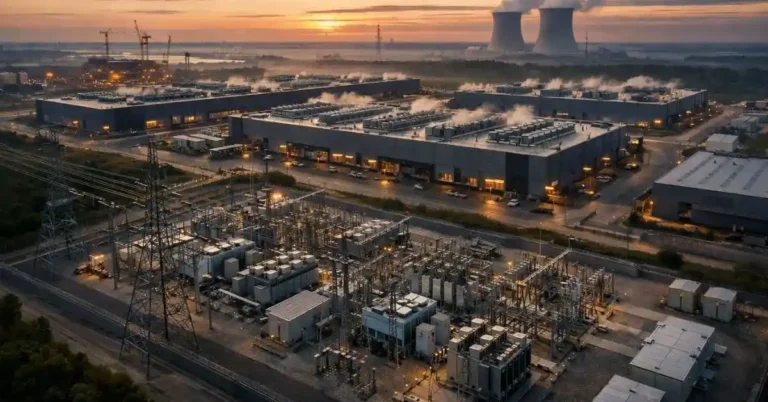 Gigawatt-scale AI superfactory data center campus with high-voltage power lines and nuclear energy integration powering the Great AI Infrastructure in 2026