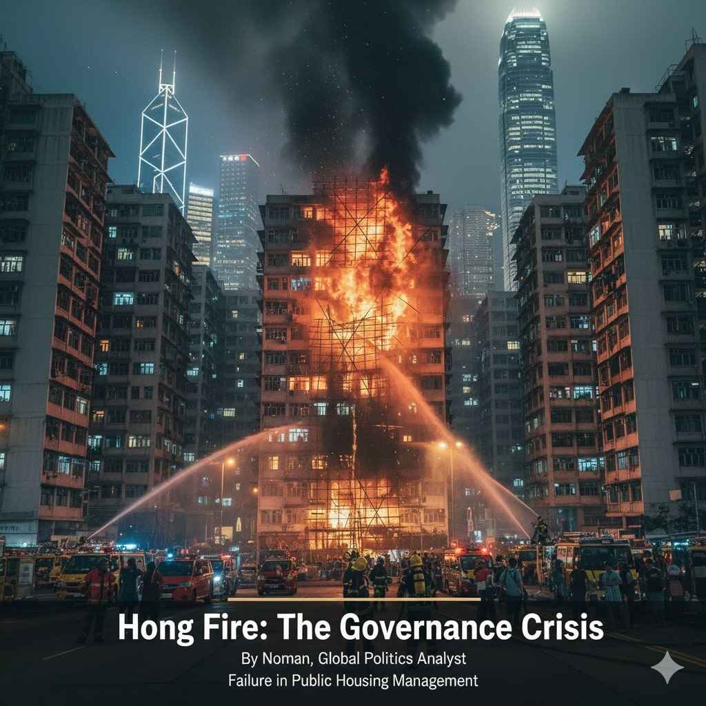 Tragic hong kong fire engulfs old high-rise public housing estate (Wang Fuk Court) as firefighters work, symbolizing the city's urban governance crisis.