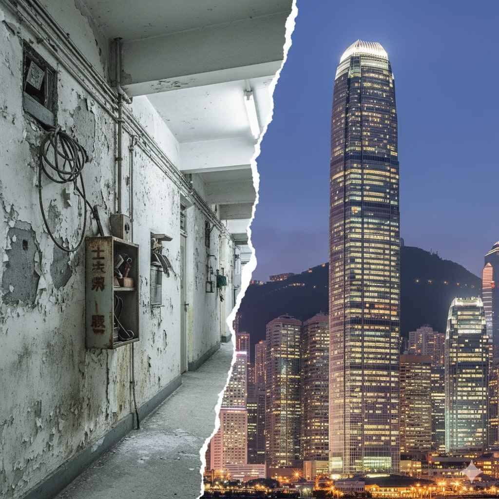 Visual contrast showing a dilapidated Hong Kong public housing hallway beside the city's modern financial skyscraper skyline, illustrating policy disparity.