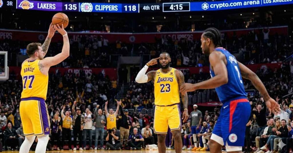 LeBron James tapping his temple after throwing a no-look pass to Luka Dončić shooting a three-pointer against Kawhi Leonard in the Lakers vs. Clippers game.
