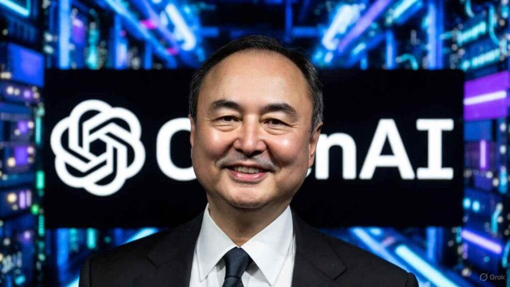 Smiling Masayoshi Son in black suit against OpenAI logo and blurred AI data centers in blue-purple, highlighting SoftBank AI revolution and 2025 investments
SoftBank's AI Revolution