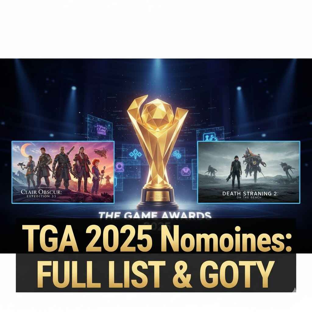 Official TGA 2025 trophy with Clair Obscur and Death Stranding 2 GOTY nominee covers.