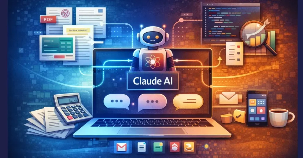 Illustration showing Claude AI assisting a professional workflow by analyzing documents, spreadsheets, code, and productivity tools on a computer