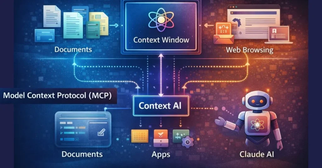 Diagram showing Claude AI Model Context Protocol connecting documents, apps, and web browsing into a shared context window.Claude AI