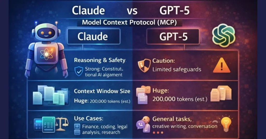 Side-by-side comparison of Claude AI and GPT-5 showing differences in reasoning, safety alignment, context window size, and professional use cases