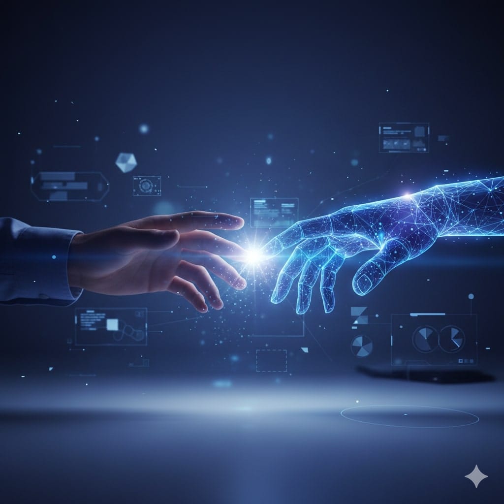 Abstract illustration of a human hand and a robotic hand touching, symbolizing the future of AI-human collaboration and partnership in a digital workplace.