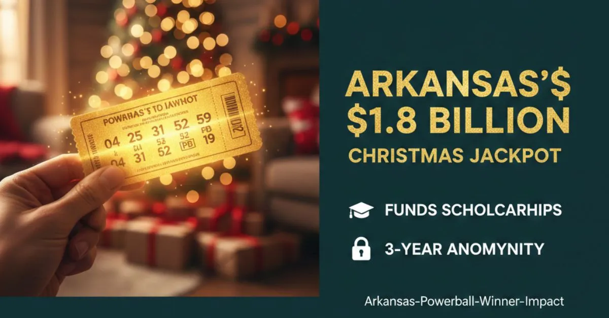 A gold Powerball ticket with winning numbers held in front of a Christmas tree, with text overlays about Arkansas's $1.8 billion jackpot, scholarship funding, and 3-year anonymity.