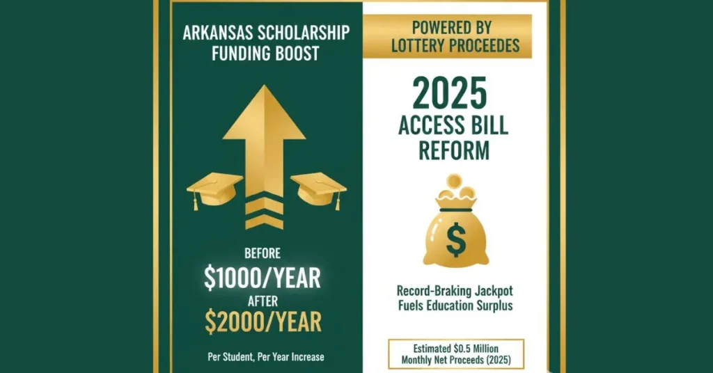 Infographic showing the increase in Arkansas scholarship funds and the 2025 ACCESS higher education reform funded by lottery proceeds.Arkansas Powerball Winner