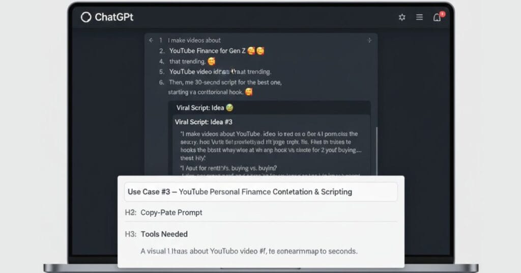 Screenshot of ChatGPT generating YouTube video ideas and a script for a content creator, demonstrating prompt engineering.