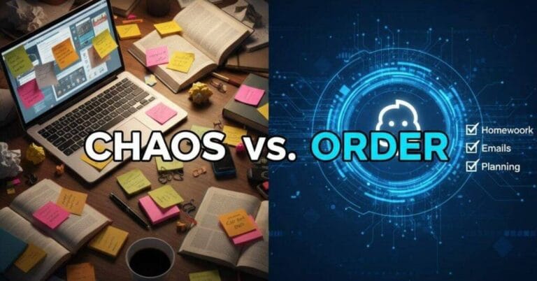 A split-screen image showing the power of ChatGPT for productivity. The left side, labeled 'CHAOS,' shows a disorganized desk with paper and sticky notes. The right side, labeled 'ORDER,' shows a clean, futuristic interface with a checklist organized by AI.