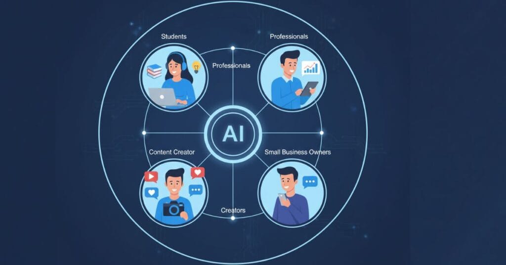 Graphic illustrating the diverse uses of ChatGPT in daily life for students, professionals, creators, and small business owners.