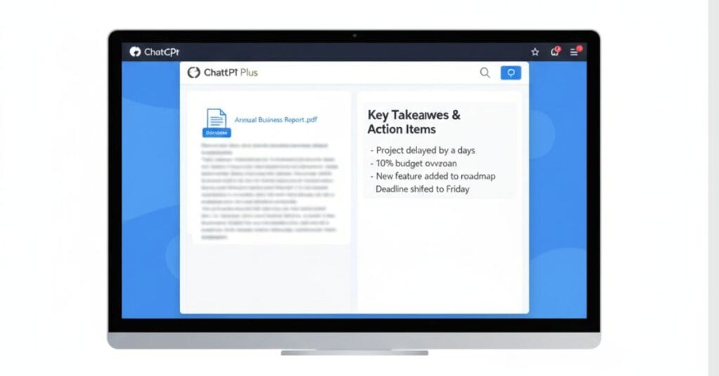 Screenshot showing ChatGPT Plus's file upload feature and a generated bullet-point summary of a long business document, highlighting key action items.